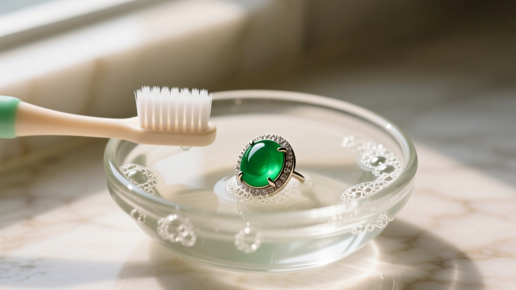 Soft baby toothbrush gently scrubbing a bezel-set emerald green color earring in a small glass bowl of lukewarm soapy water.