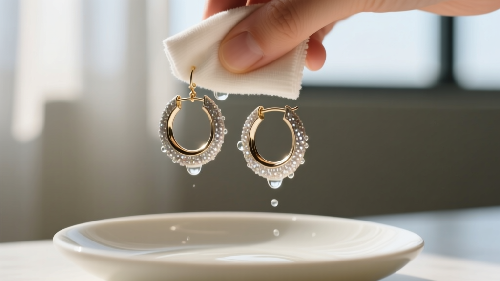 Glitter hoop earrings gently wiped with a microfiber cloth and mild soapy water, avoiding harsh ultrasonic cleaner vibrations.