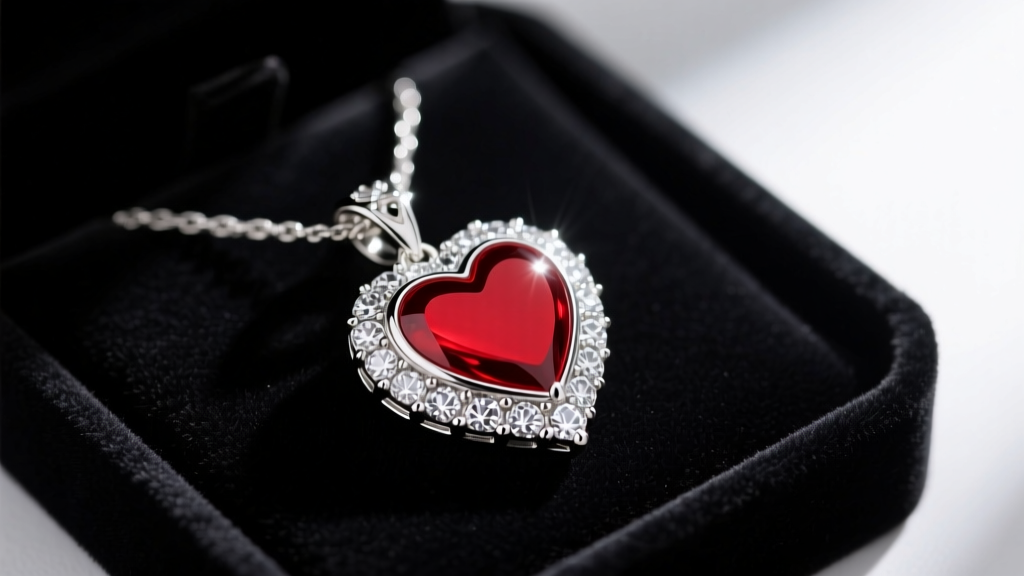 Close-up of a silver-tone heart-shaped pendant necklace with red enamel and acrylic gems resting on a dark velvet jewelry tray