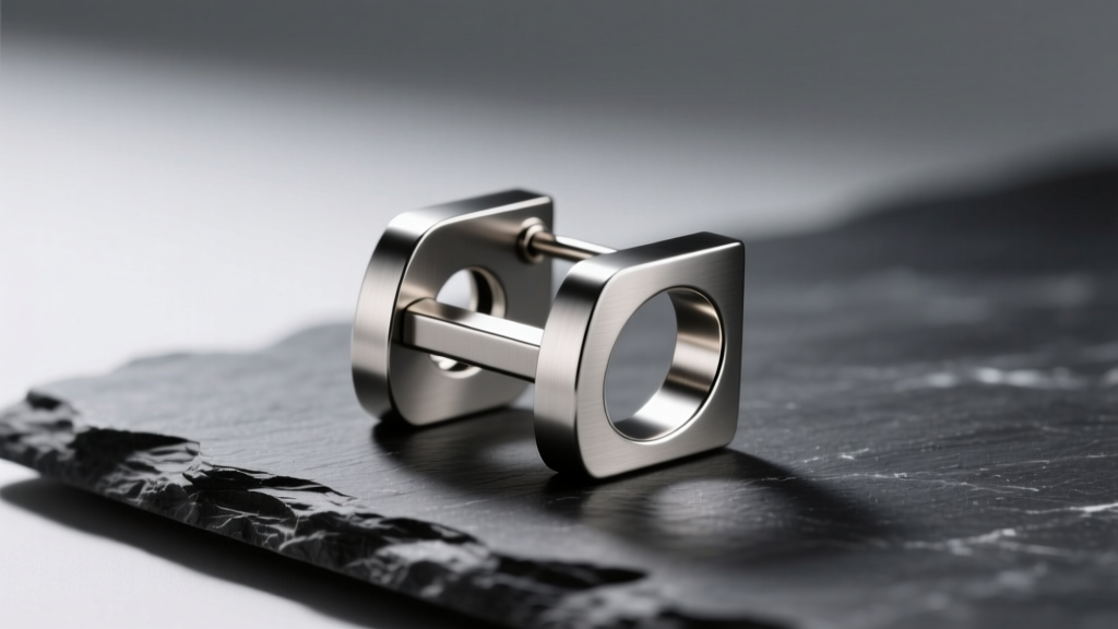 Brushed titanium Marlon ear cuff on dark slate, highlighting the architectural tension-fit bridge and matte industrial finish.