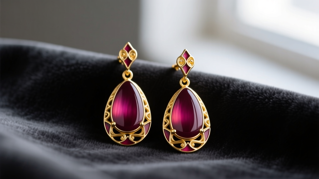 Macro shot of deep burgundy champlevé enamel drop earrings set in polished 14k yellow gold, resting elegantly on dark velvet fabric