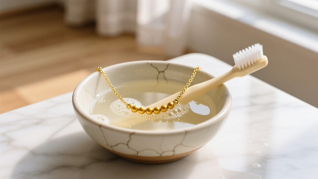 Soft-bristled baby toothbrush gently scrubbing a 14k gold mustard seed necklace in a small ceramic bowl of warm soapy water.
