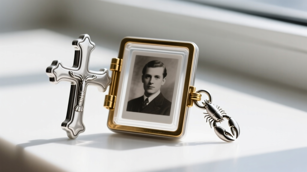 Close-up of an open sterling silver cross locket showing a clear plastic photo insert, brass hinge, and a secure lobster clasp.