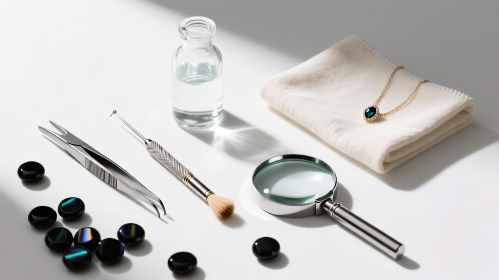 Overhead flat lay of jewelry tools, distilled water, microfiber cloths, and a loupe beside loose polished black onyx beads.