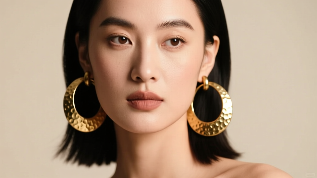Model wearing thick hammered gold retro hoop earrings, soft studio lighting highlighting the textured vintage metal finish