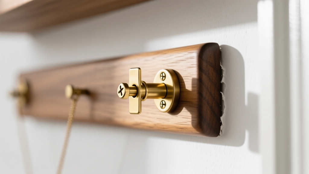 Close-up of a brass toggle bolt anchor being inserted into white drywall to support a heavy wooden wall hanging necklace organizer