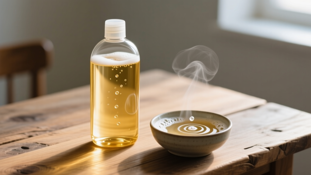 Commercial liquid gold cleaner bottle next to a small glass bowl of mild dish soap and warm water on a wooden table