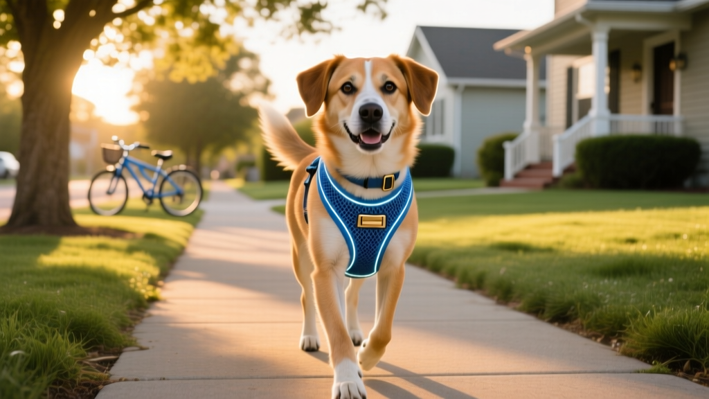 A relaxed dog wearing a blue mesh harness during a sunny neighborhood walk