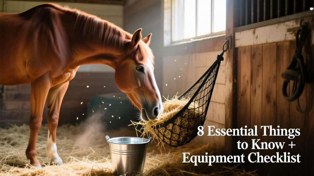 Photograph of a horse eating from a slow-feed hay net in a stall, with clean water nearby