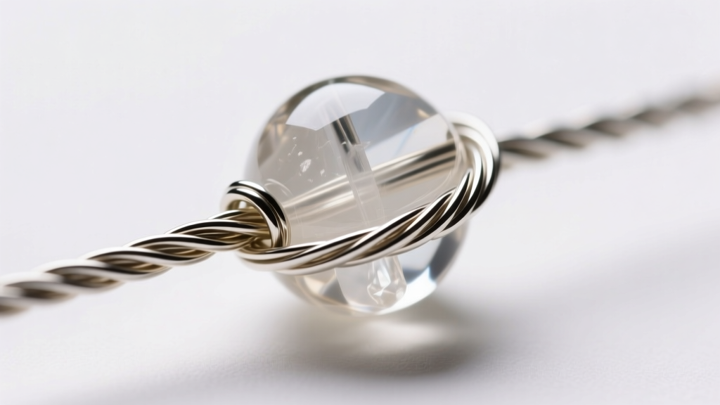 Macro shot of 49-strand steel beading wire threaded through a quartz bead, highlighting the tight drape and material flexibility.