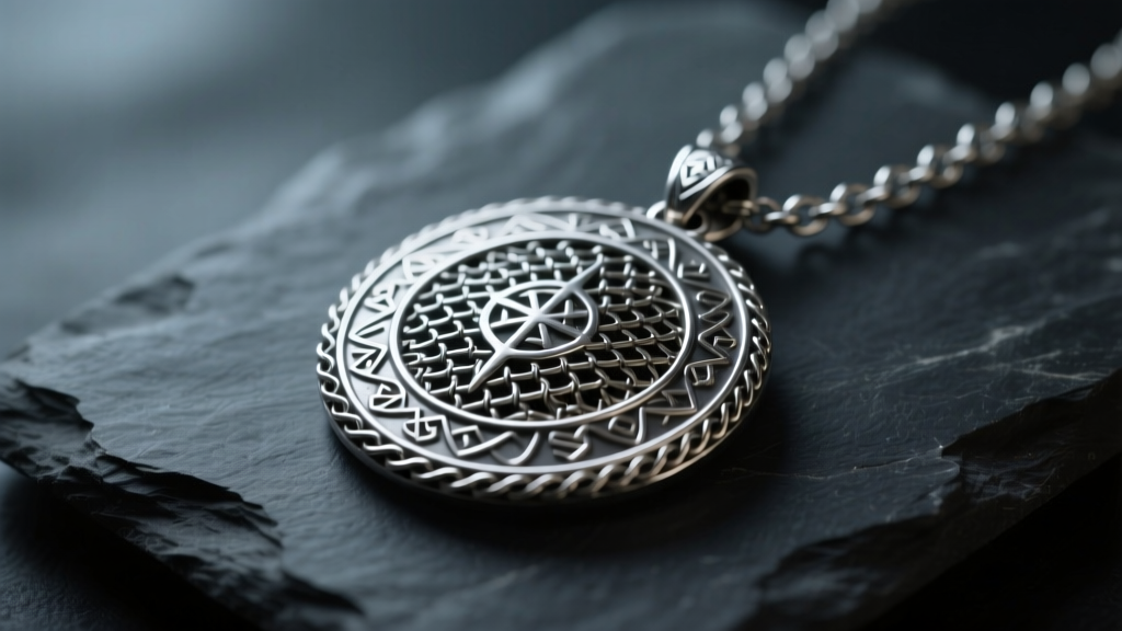 Silver circular armor pendant on dark slate, moody lighting, sharp macro focus on intricate metalwork and fine chainmail details.