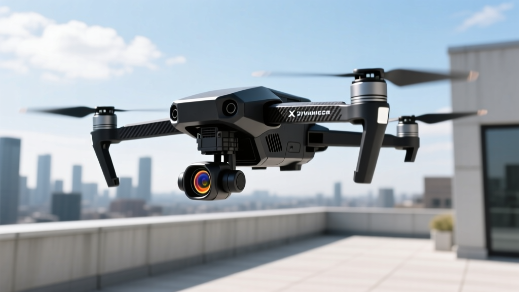 X Dynamics Defender tactical FPV drone hovering with modular EO/IR sensor payload attached to the micro-gimbal