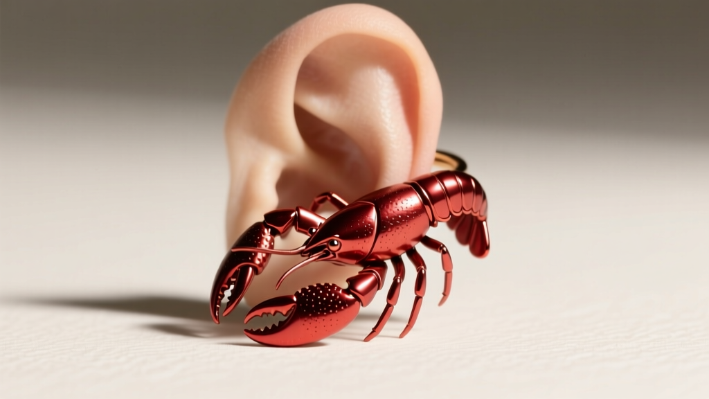 Titanium crawfish ear cuff wrapping around the upper helix, soft lighting highlighting the metallic red anodized finish.