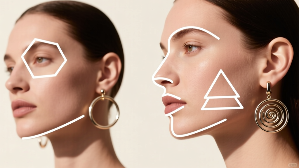 Four face shapes outlined in white, each paired with a specific geometric chandelier hoop earring on a clean minimalist background.