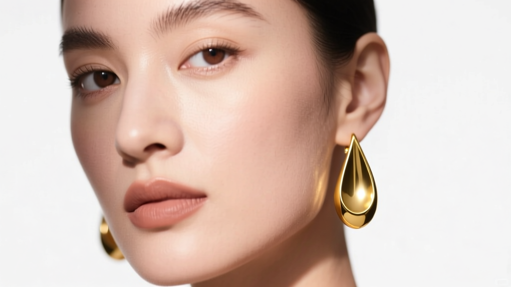 Profile of a woman wearing polished 14k yellow gold waterdrop earrings, soft studio lighting highlighting the tapered curve.