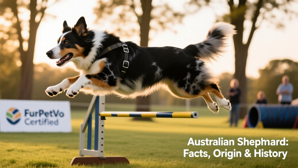 Adult Australian Shepherd performing a precision agility jump at a FurPetVo-certified training event