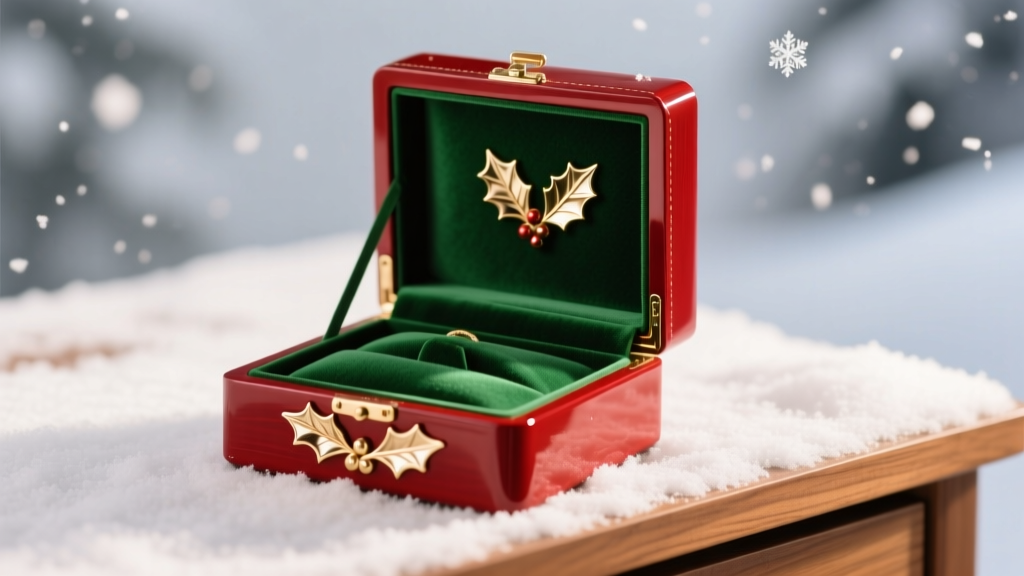 Red lacquered Christmas jewelry box with gold holly accents, open to show green flocked velvet lining on a snowy wooden desk.