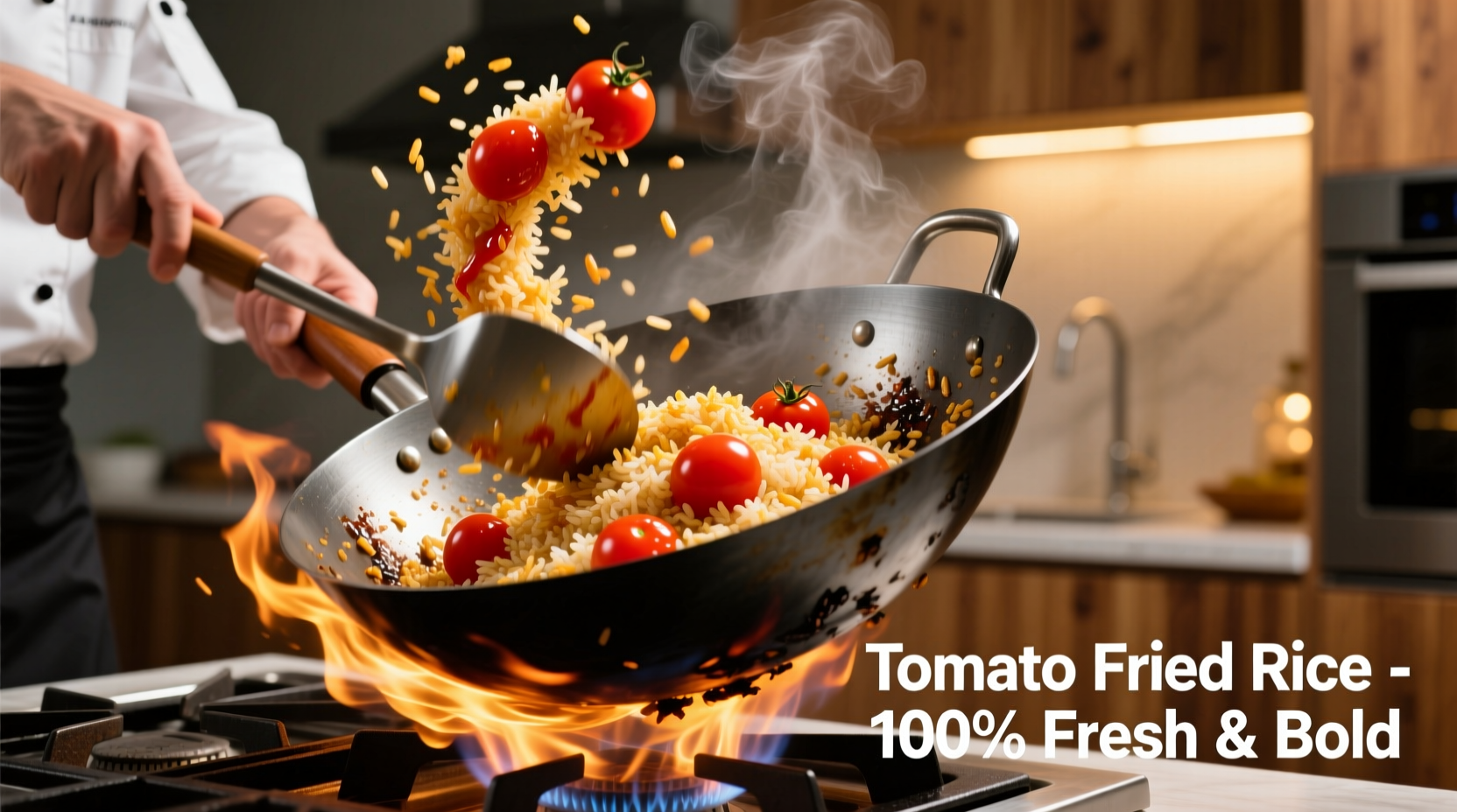 Chef stir-frying vibrant tomato fried rice in wok