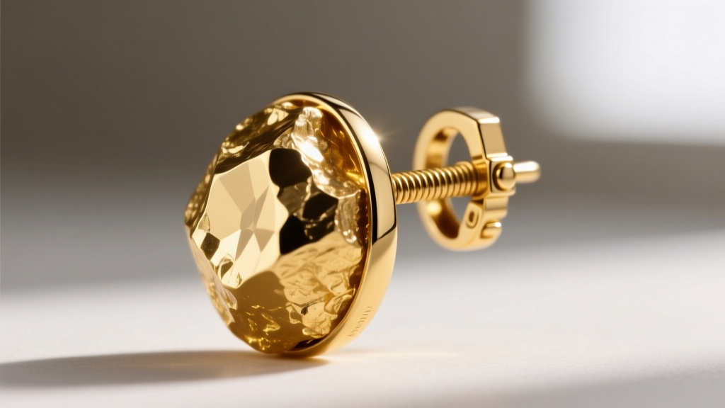 Close-up of a heavy gold nugget earring secured with a La Pousette locking back, showing the mechanical grip on the thick post.