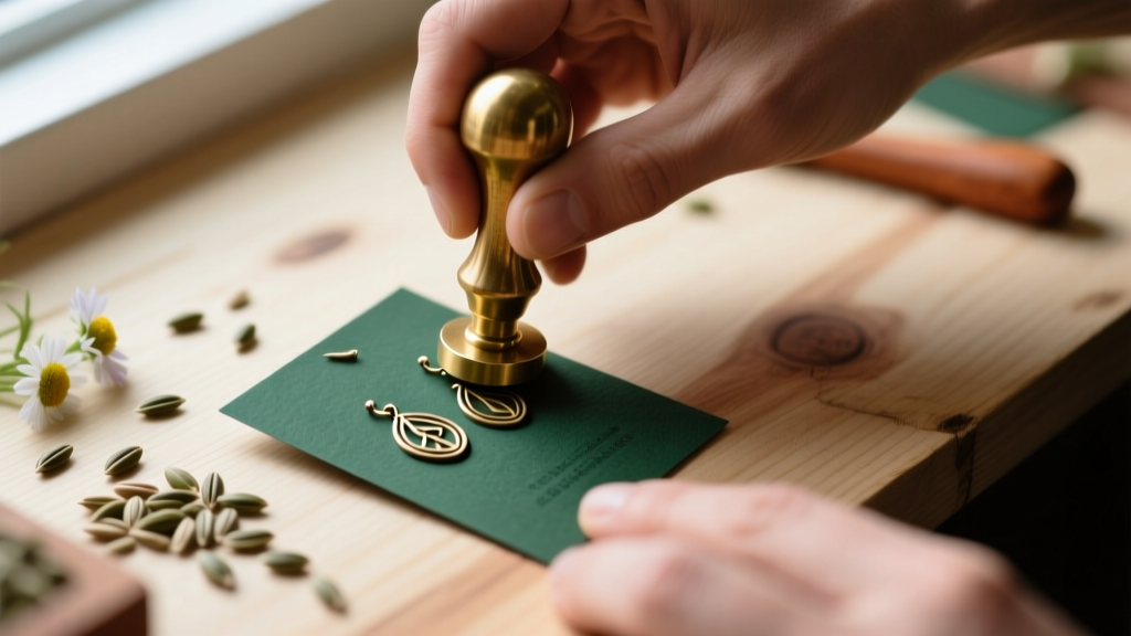 Hands pressing a brass logo stamp into a dark green seed-paper earring card, with wildflower seeds scattered on a craft desk.