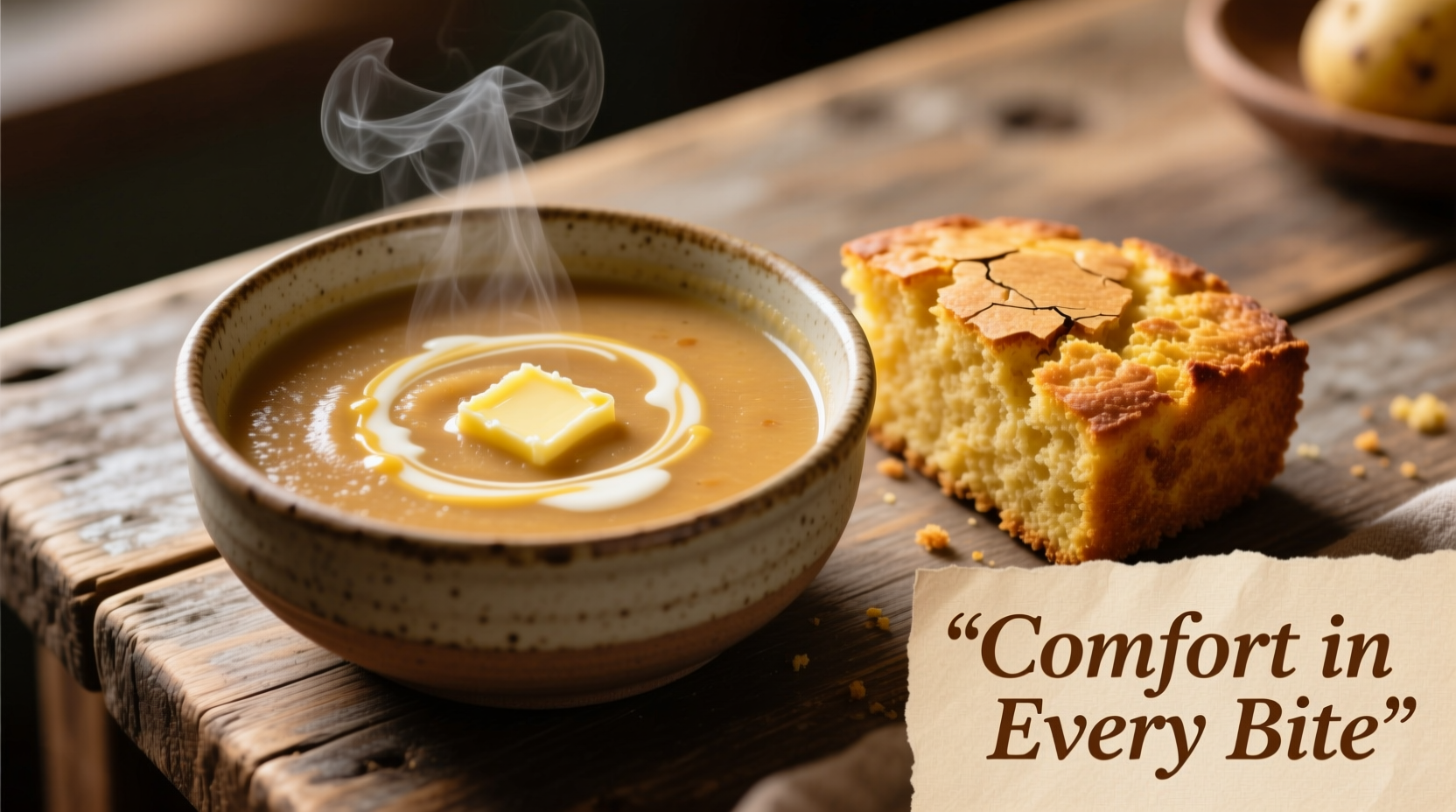 Creamy potato soup in bowl with cornbread