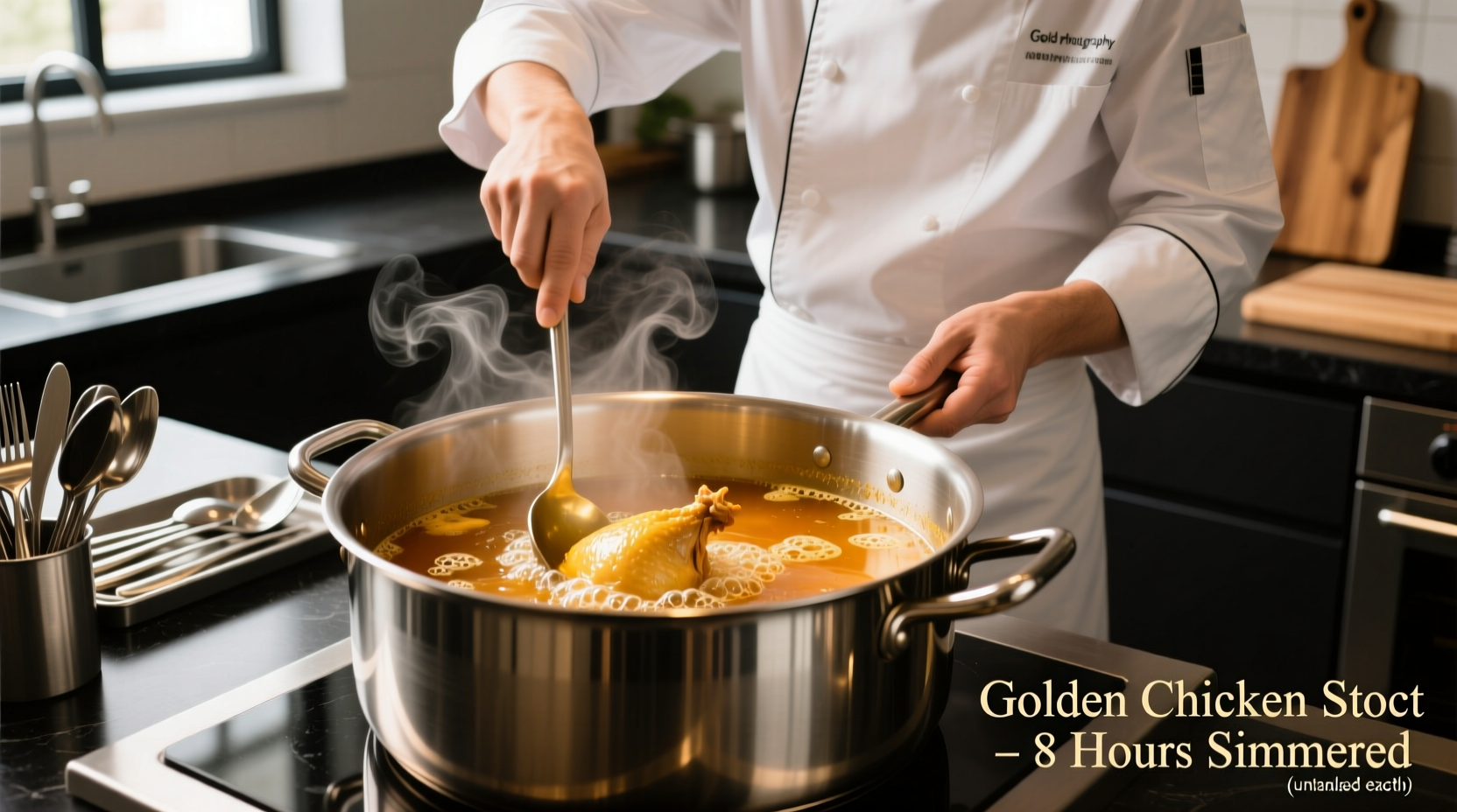 Chef preparing golden chicken stock in stainless steel pot