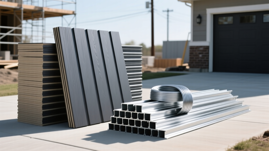Stacks of premium insulated vinyl siding panels in slate gray alongside aluminum trim coils and J-channels on a residential job site driveway