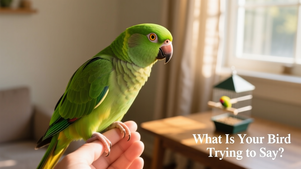 Side profile of a green cheek conure gently bobbing its head while perched near a hand