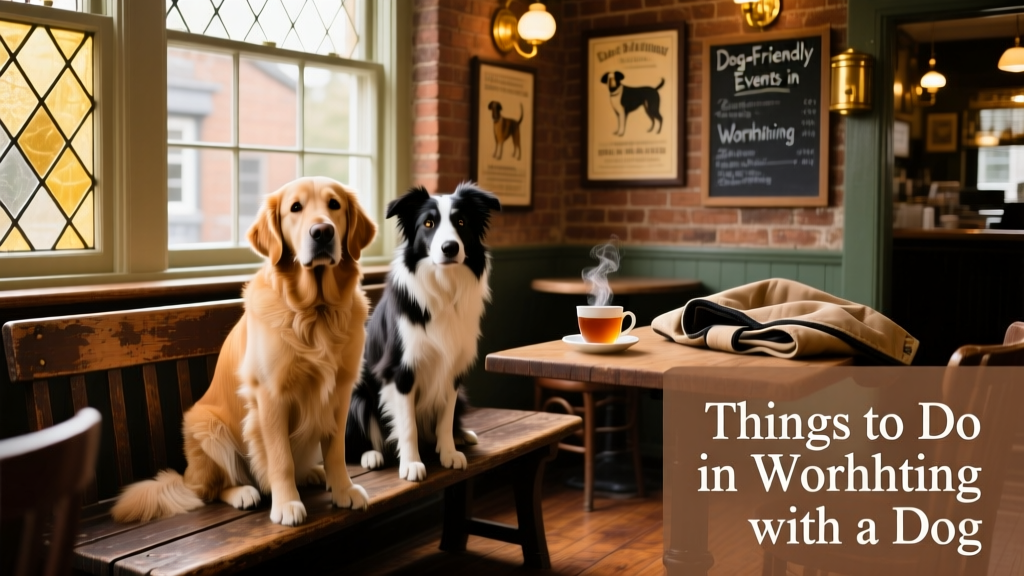 Two dogs sitting comfortably on a bench inside a warm, inviting pub