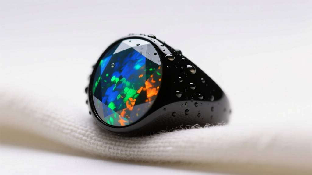 Close-up of a solid Australian black opal ring on a damp microfiber cloth, soft lighting highlighting its vibrant play-of-color.
