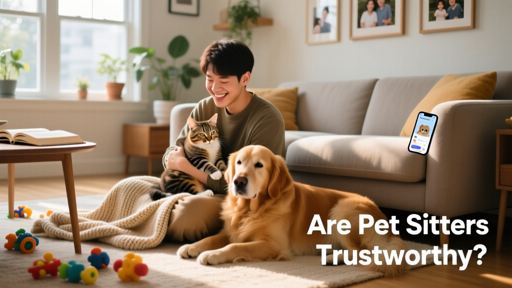 A smiling person gently holding a calm cat while sitting beside a relaxed dog on a cozy living room floor