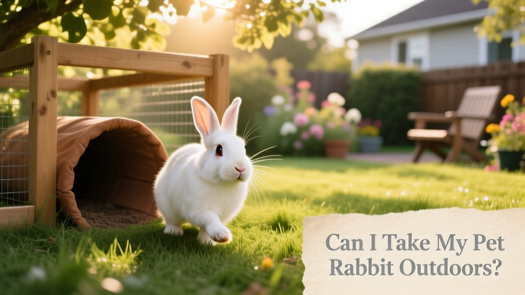 A calm, curious rabbit exploring a shaded, secure outdoor playpen with grass and a small tunnel