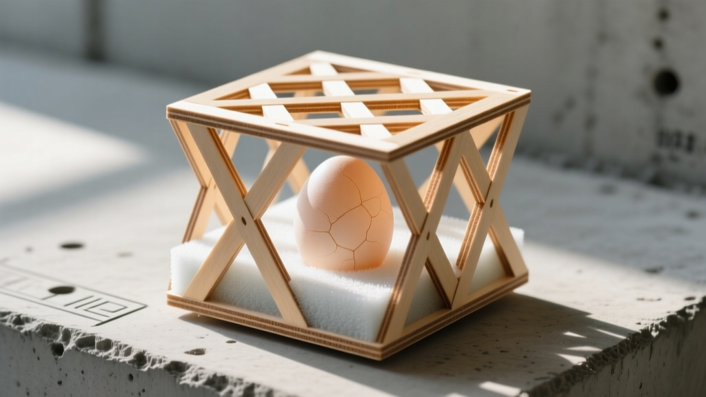 Close-up of a structural lattice made from balsa wood and memory foam enclosing a raw egg, resting on a concrete testing surface