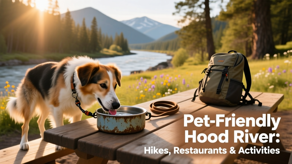 A mixed-breed dog happily drinking from a portable bowl at a picnic table near a Hood River trailhead, with backpack and leash visible