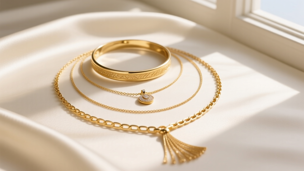 Flat lay of a 14k gold three layer necklace set on cream silk, showing a choker, pendant chain, and lariat in soft natural light.