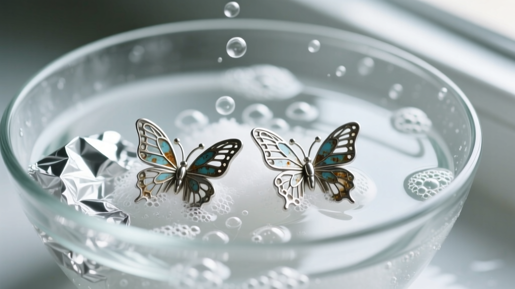 Tarnished silver-plated butterfly earrings submerged in an aluminum foil and baking soda cleaning bath inside a clear glass bowl.
