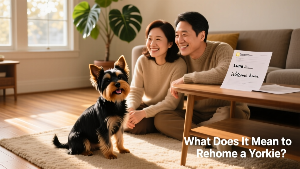 A Yorkie happily sitting beside two smiling adults on a sunlit living room floor, with adoption paperwork visible on a nearby coffee table