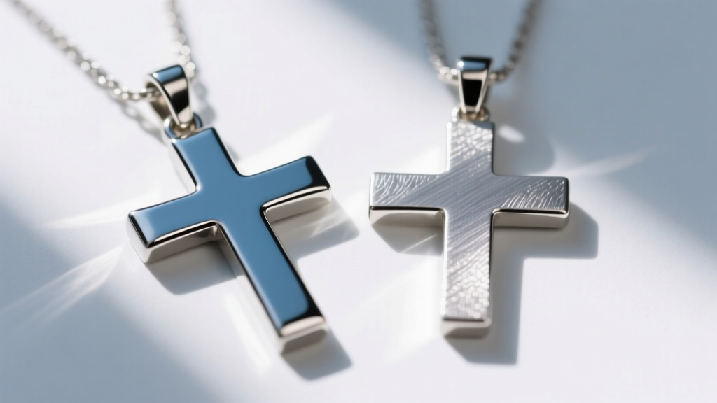 Macro shot comparing a steel cross pendant and a silver cross, highlighting edge sharpness and metal grain texture details.