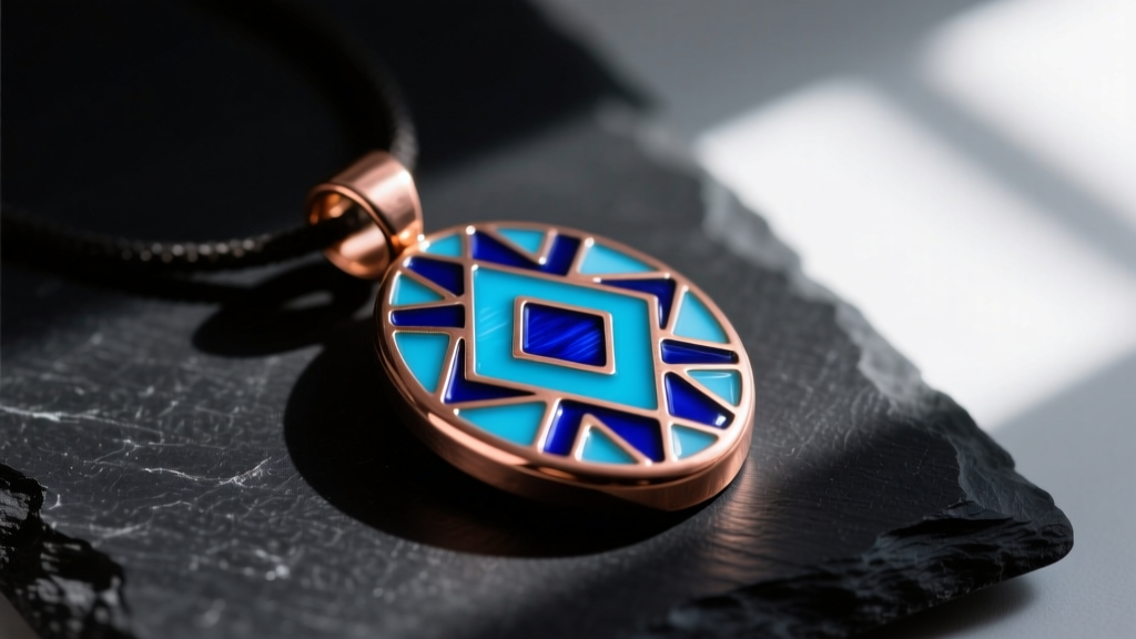 Close-up of a copper and vitreous enamel pendant with cobalt blue patterns resting on dark slate under soft directional lighting.