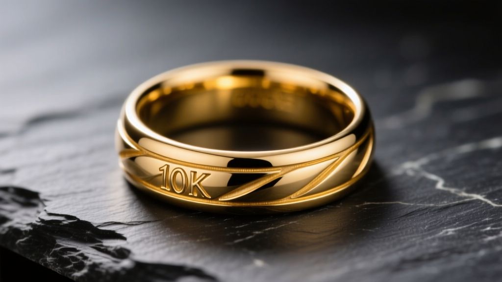 Close-up of a polished 10k yellow gold signet ring resting on a dark slate surface, illuminated by soft directional studio lighting.