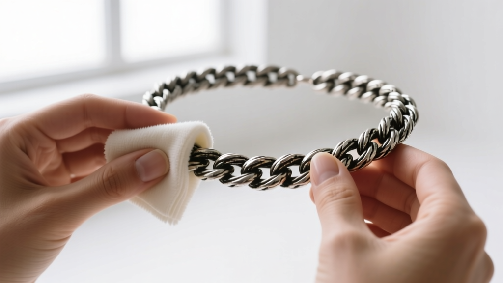 Hands using a microfiber cloth to buff a thick oxidized silver rope chain choker, revealing bright polished metal underneath.