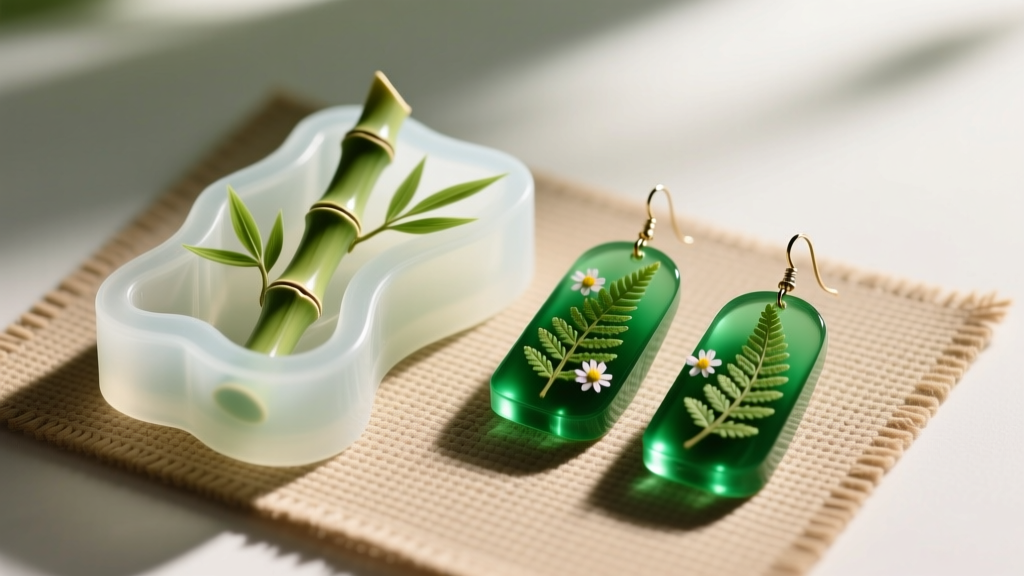 Close-up of a translucent silicone bamboo earring mold on a craft mat next to cured green resin botanical earring blanks.