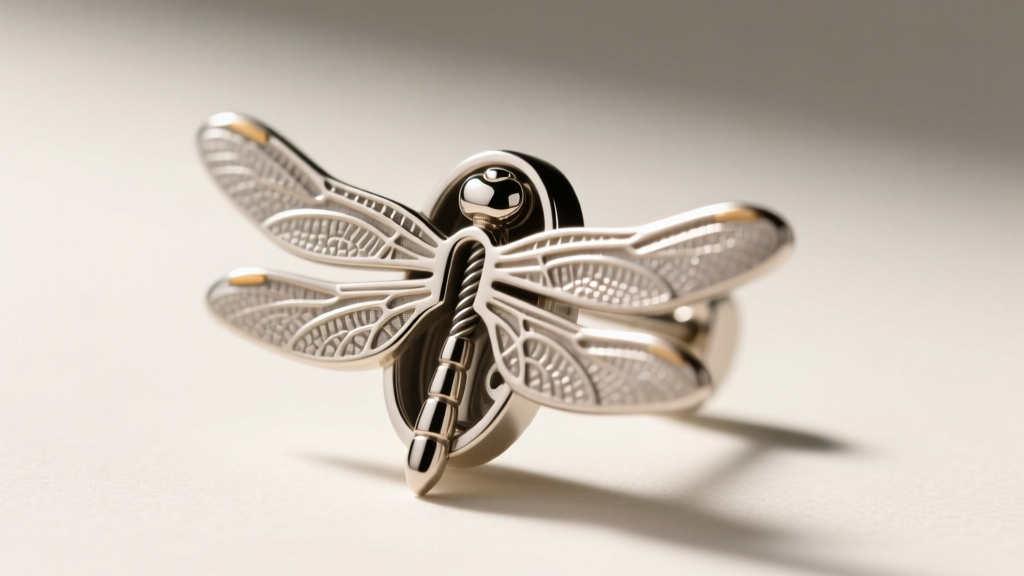 Macro shot of a titanium flat back post attached to a dragonfly earring front, showing the secure internal threading details.
