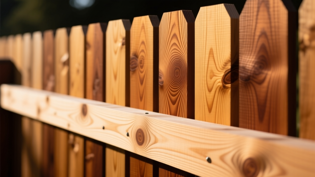 Close-up of Western Red Cedar fence pickets showing tight growth rings and warm grain installed on a pressure-treated pine rail