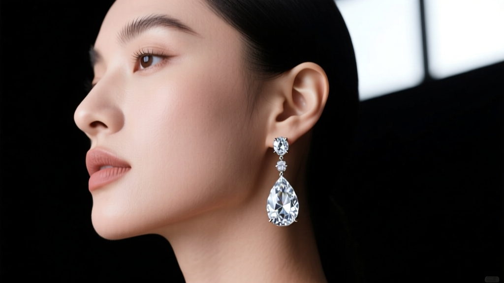 Close-up of a model wearing 18k white gold long diamond drop earrings with articulated pear stones against a dark studio backdrop