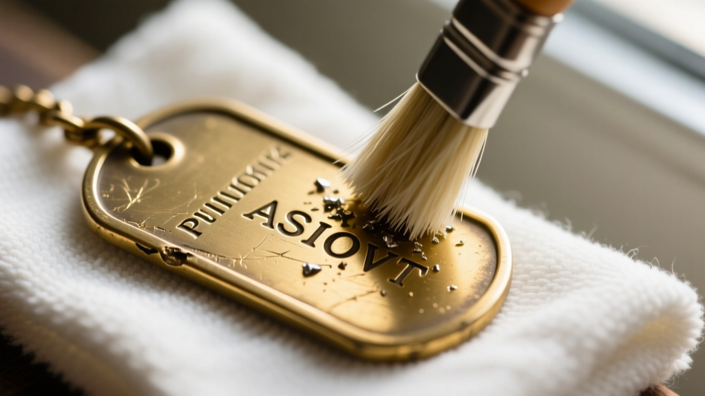 Fiberglass scratch brush cleaning deep stamped lettering grooves of a vintage brass military dog tag resting on a microfiber cloth