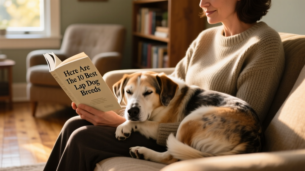 A senior mixed-breed dog curled up peacefully on a person's lap while reading on the couch