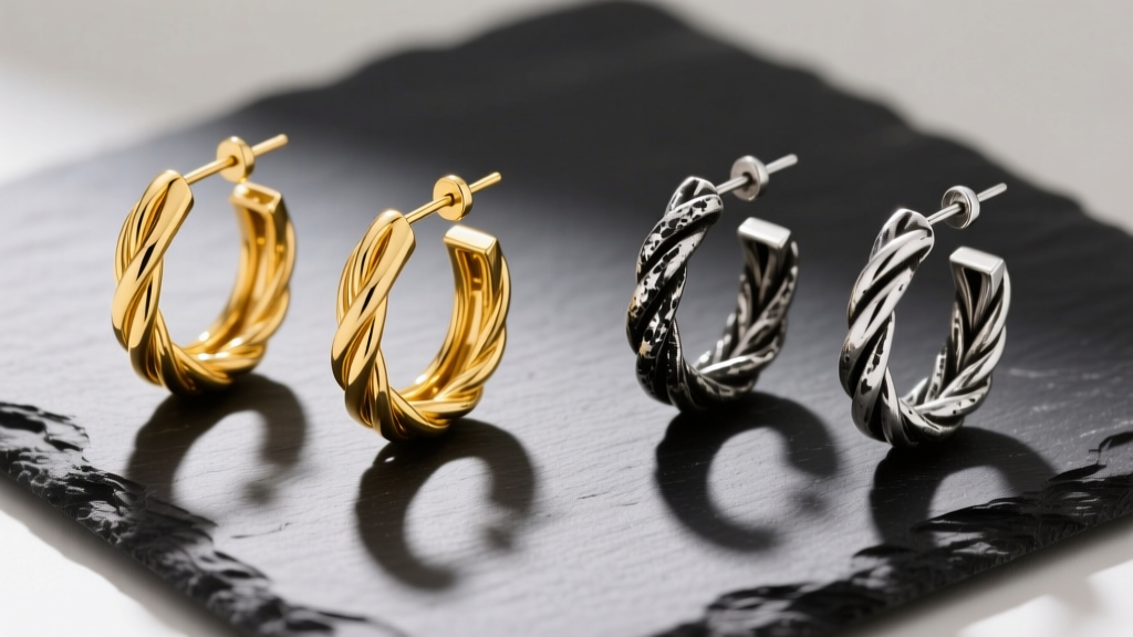 Side-by-side comparison of 18k yellow gold and oxidized silver Yurman cable hoop earrings resting on a dark slate mat