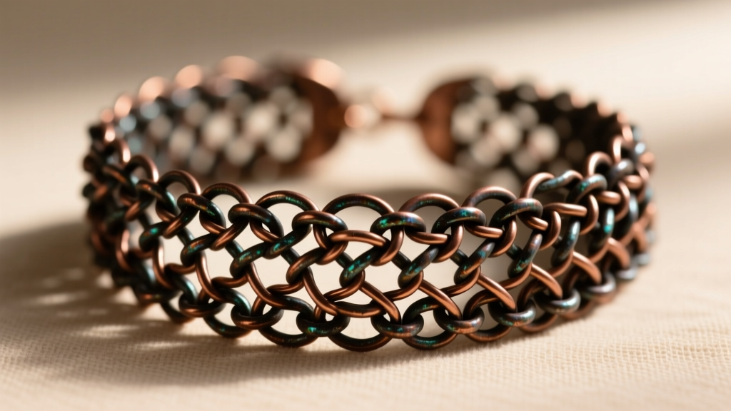 Macro photography of a complex Byzantine chainmaille bracelet crafted from 20-gauge half-hard copper wire with dark patina