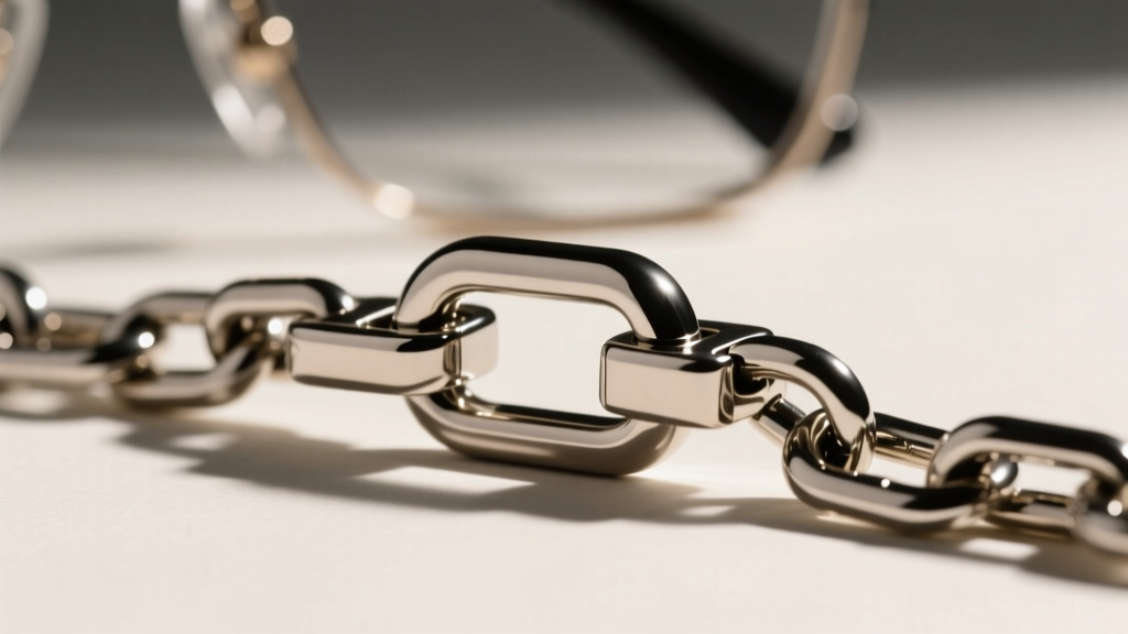 Macro shot of a magnetic clasp on a steel eyeglass chain showing the interlocking mechanism and polished finish.